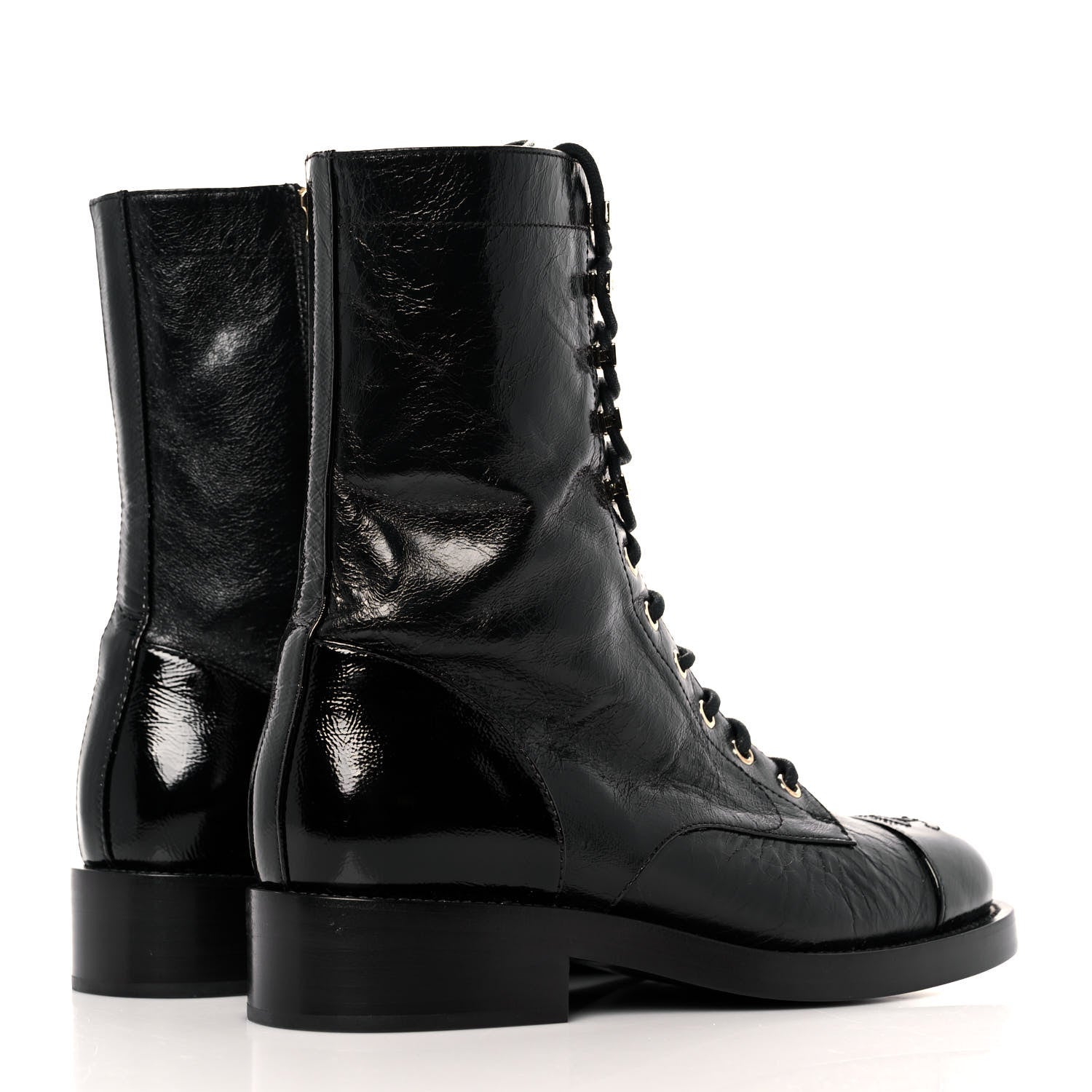 Chanel Crumpled Lambskin Shiny Calfskin Lace Up Combat Boots 38 Black 4 of 9
