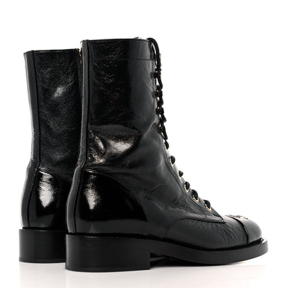 Chanel Crumpled Lambskin Shiny Calfskin Lace Up Combat Boots 38 Black 4 of 9