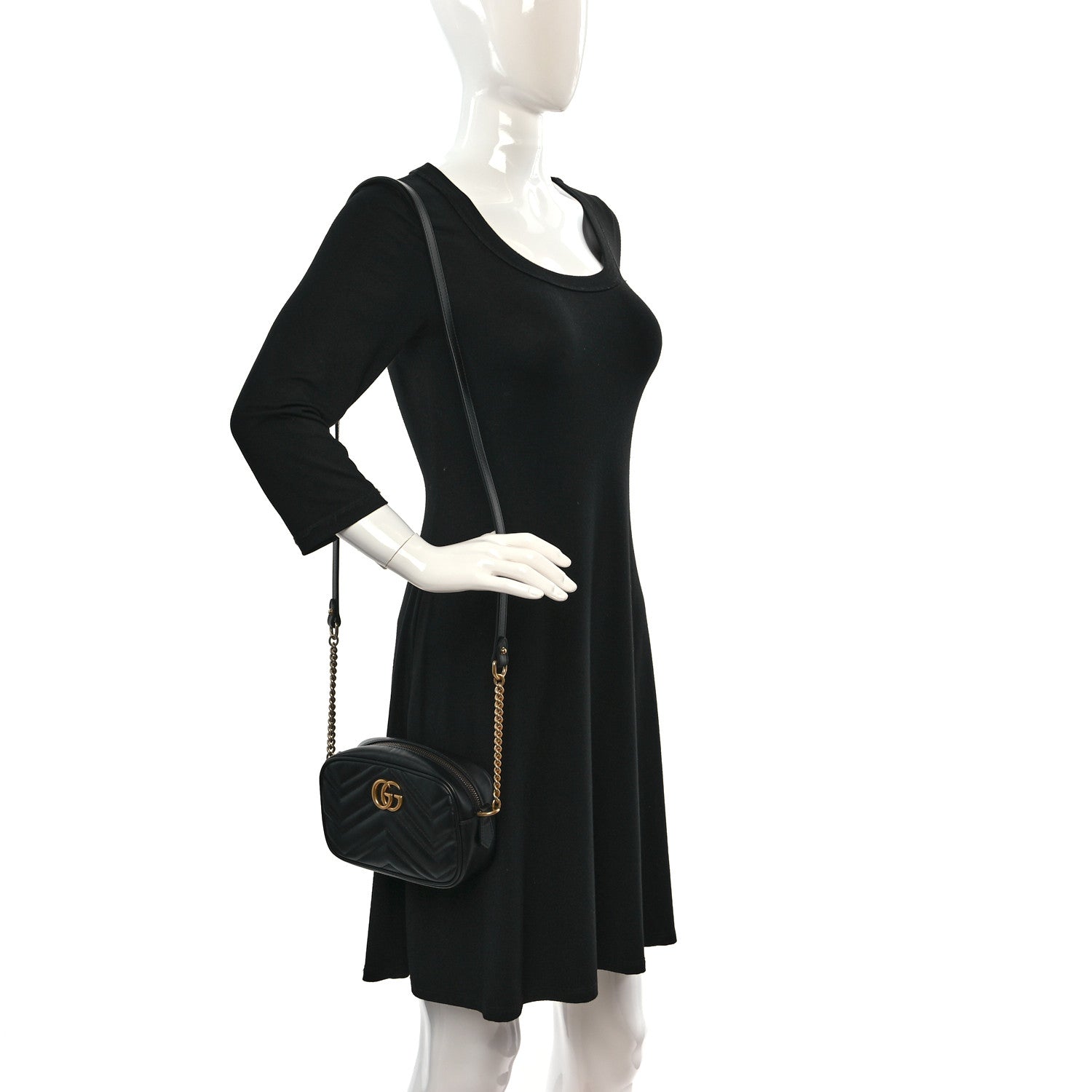 Gucci Calfskin Matelasse Mini GG Marmont Chain Shoulder Bag Black 2 of 9