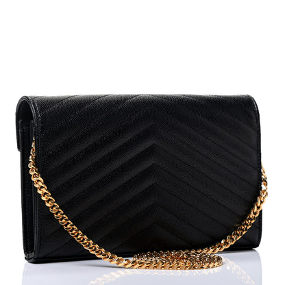 Saint Laurent Grain De Poudre Matelasse Chevron Monogram Chain Wallet Black 2 of 4