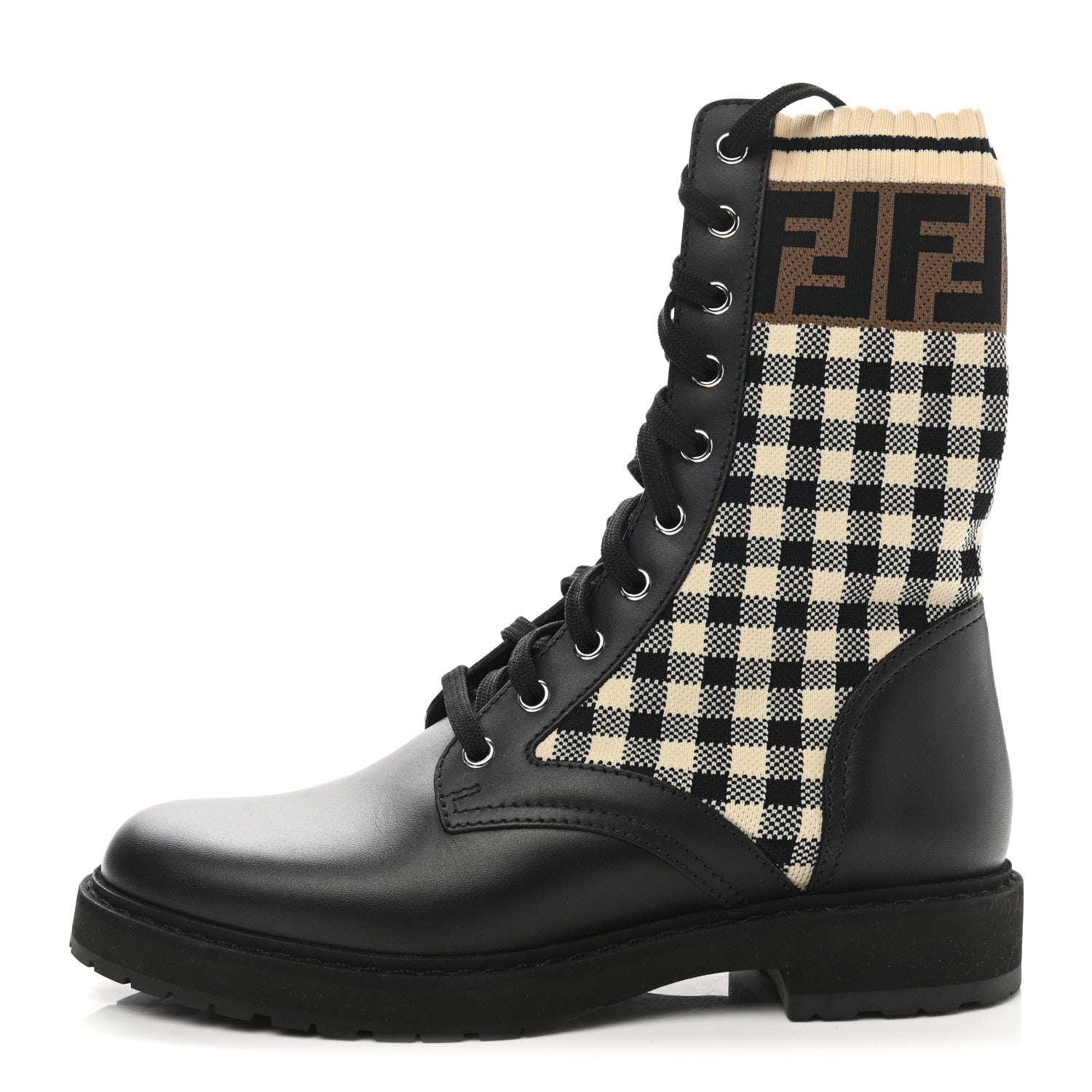 Fendi Vitello Stretch Fabric FF Vichy Rockoko Biker Boots 38 Black Crema Tobacco 1 of 7