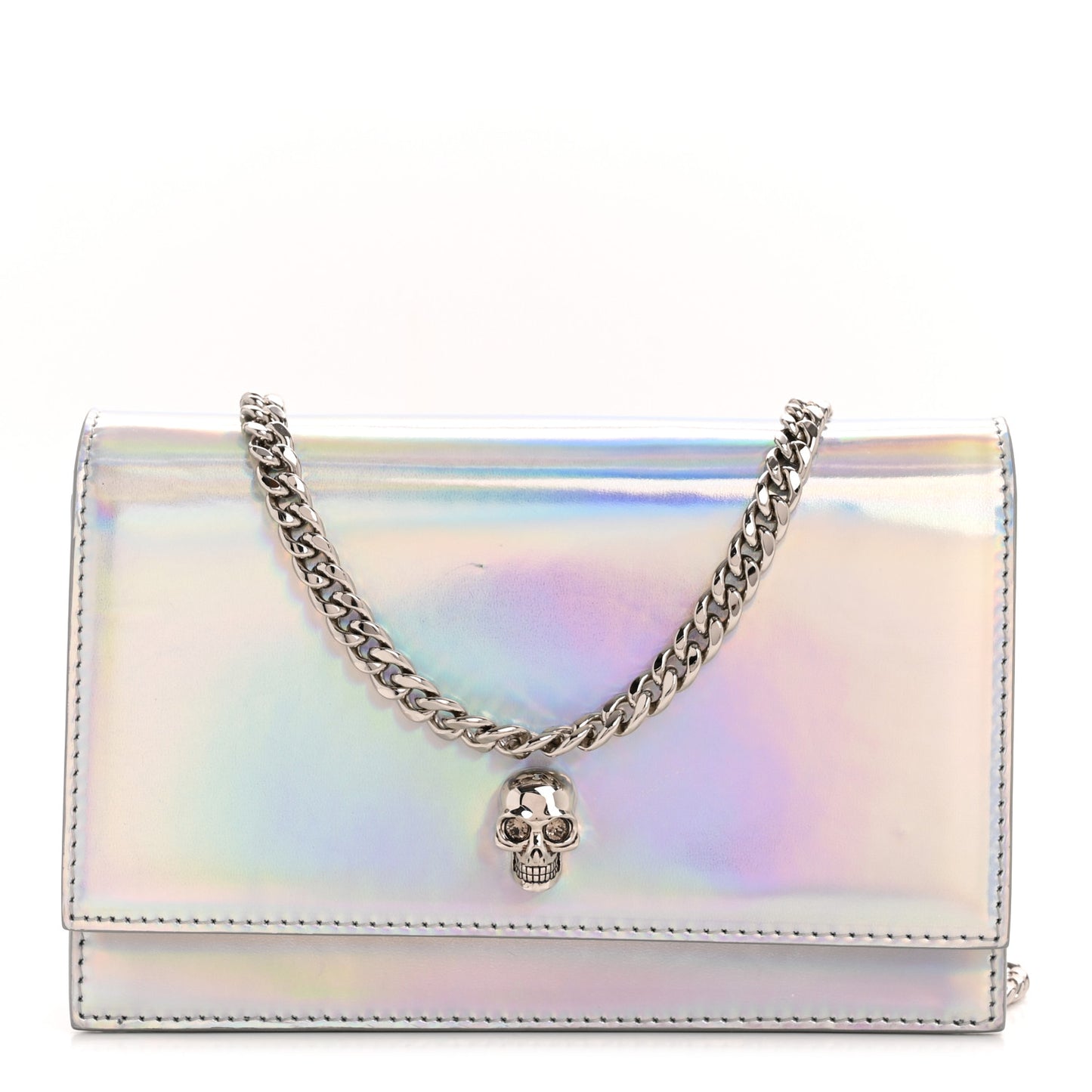 Iridescent Calfskin Skull Crossbody Silver