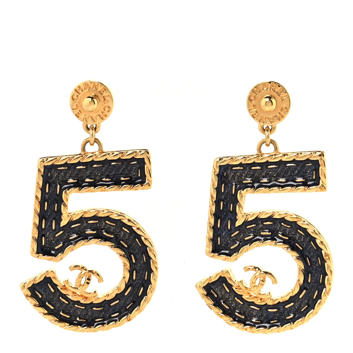 Metal Enamel CC No 5 Rope Drop Earrings Gold Denim Blue