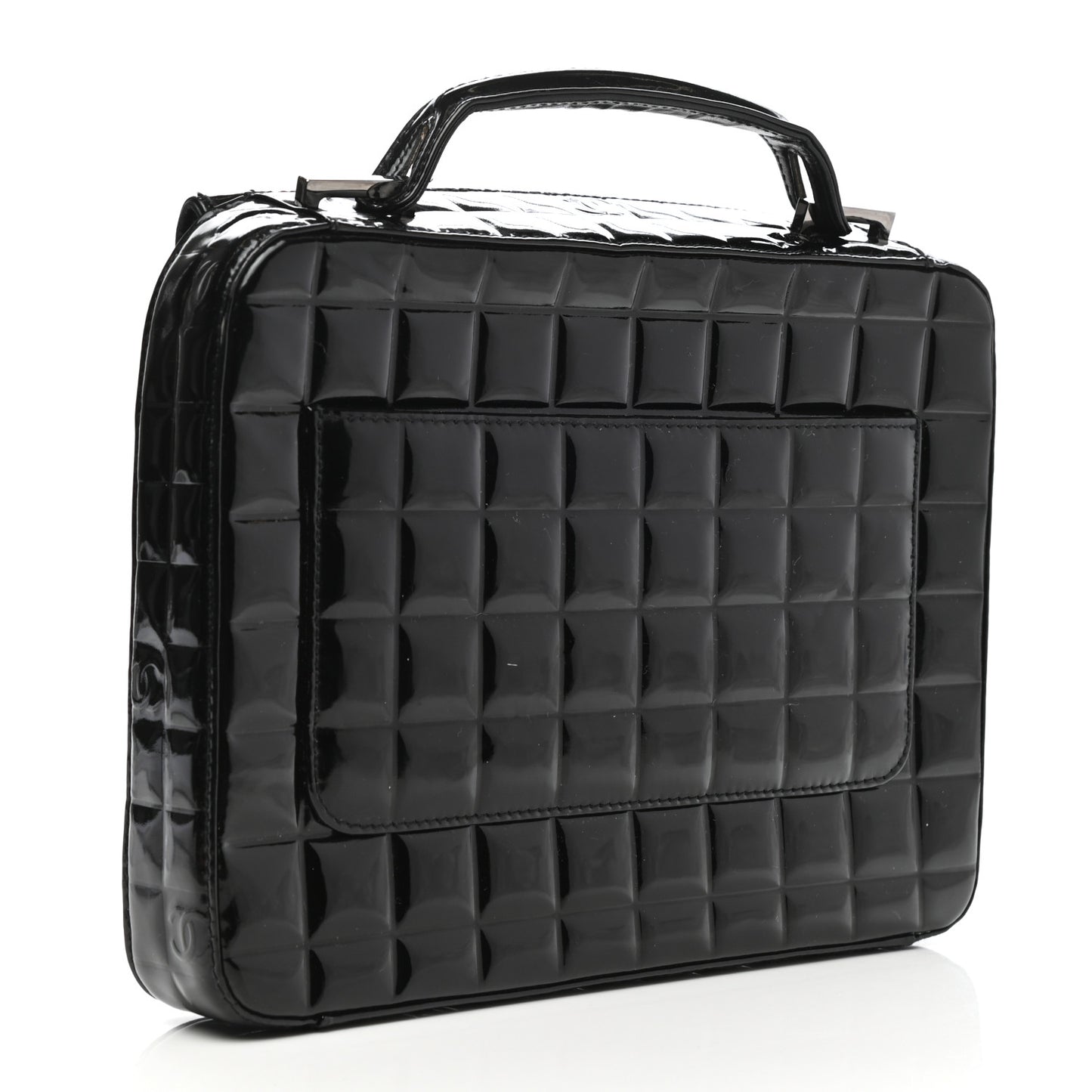 Patent Quilted Chocolate Bar Top Handle Bag Black