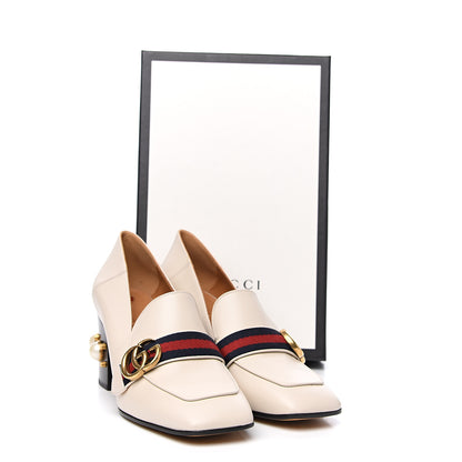 Gucci Betis Glamour Calfskin Web Pearl Embellished Peyton 75mm Loafer Pumps 39.5 Mystic White 9 of 9