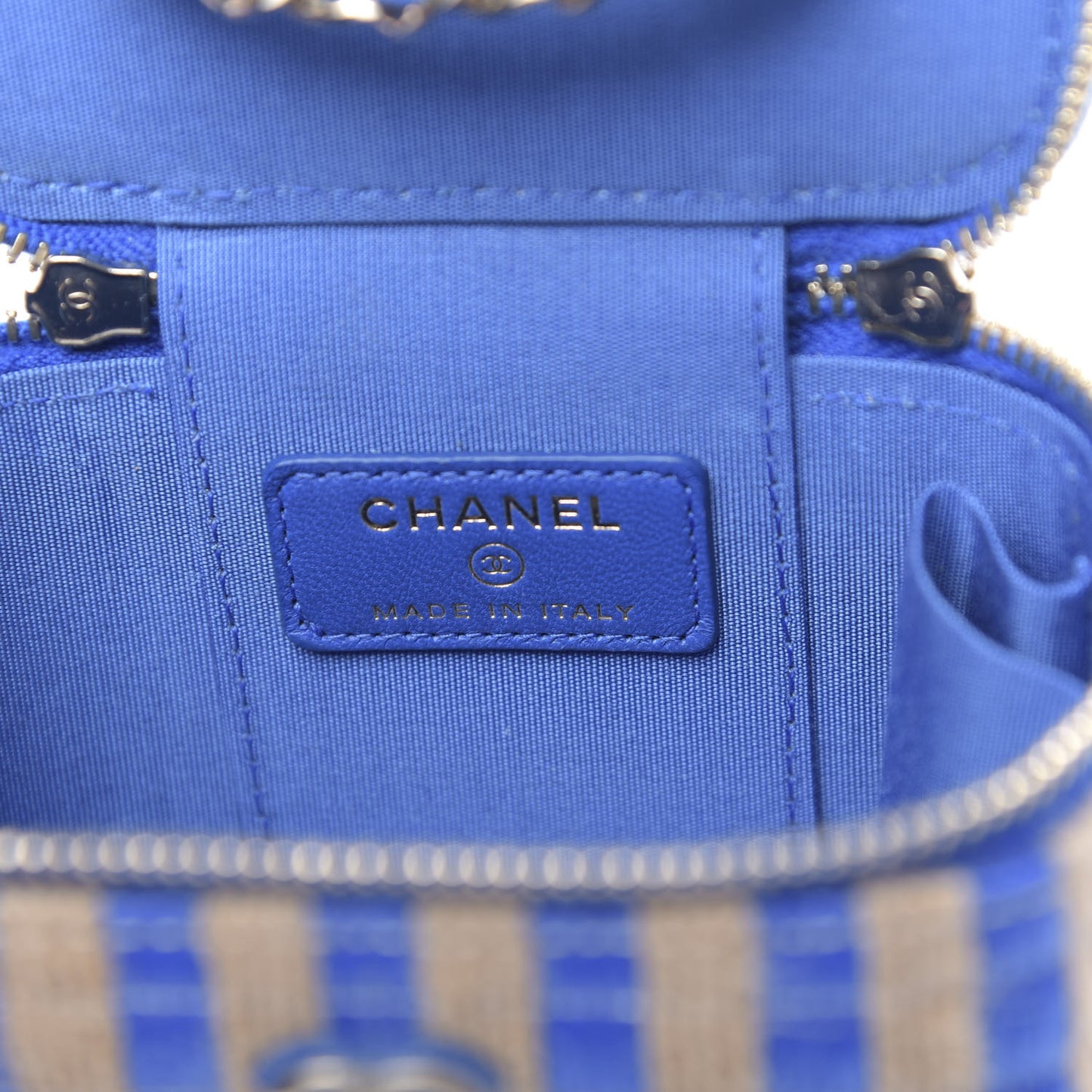 Raffia Jute Striped Mini Vanity Case With Chain Blue Beige