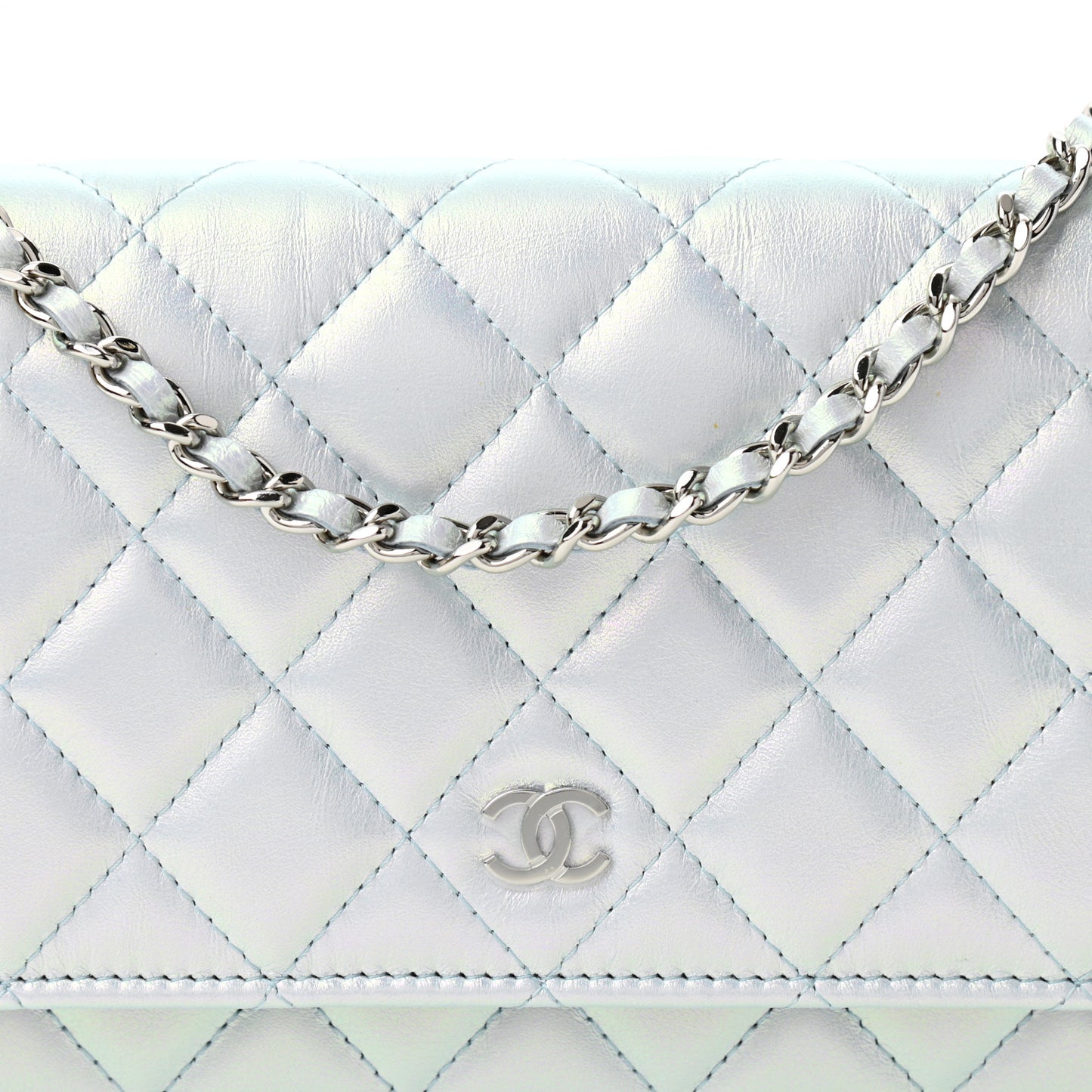 Iridescent Calfskin Quilted Wallet On Chain WOC Light Blue