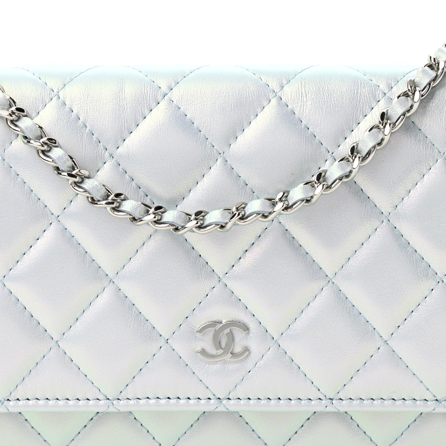 Chanel Iridescent Calfskin Quilted Wallet On Chain WOC Light Blue 9 of 12