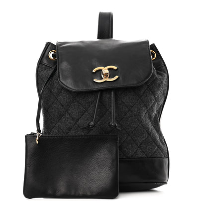 Chanel Lambskin Wool Quilted Drawstring Sling Backpack Black Grey 3 of 14