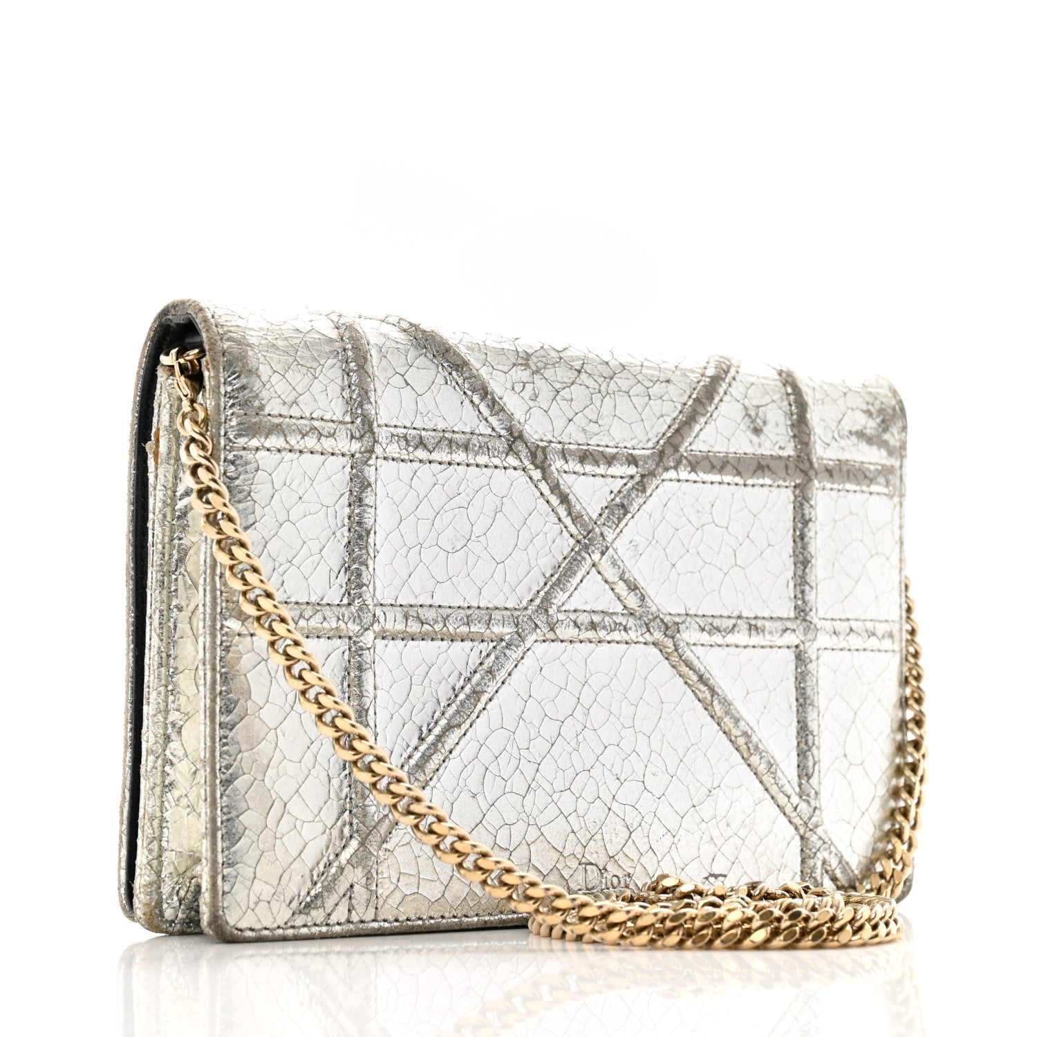 Christian Dior Metallic Ceramic Effect Deerskin Diorama Wallet on Chain Pouch Silver 3 of 12