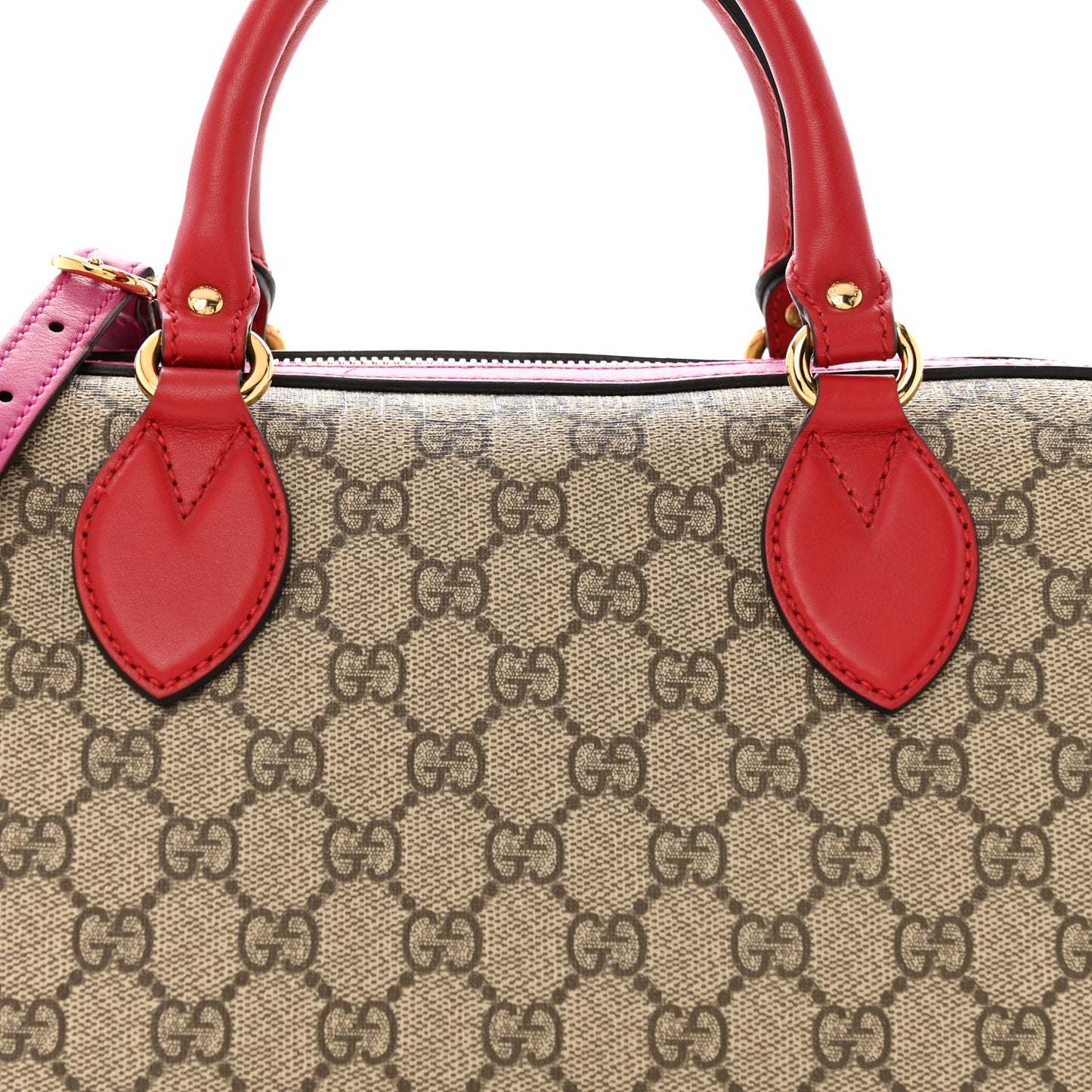GG Supreme Monogram Moon Calfskin Small Boston Beige Ebony Hibiscus Red New Rosette