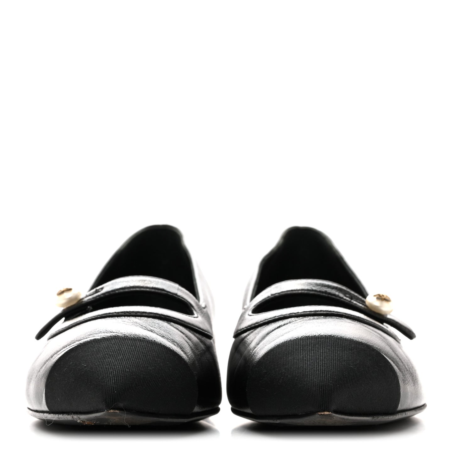 Shiny Lambskin Grosgrain Pearl Mary Jane Flats 37.5 Black