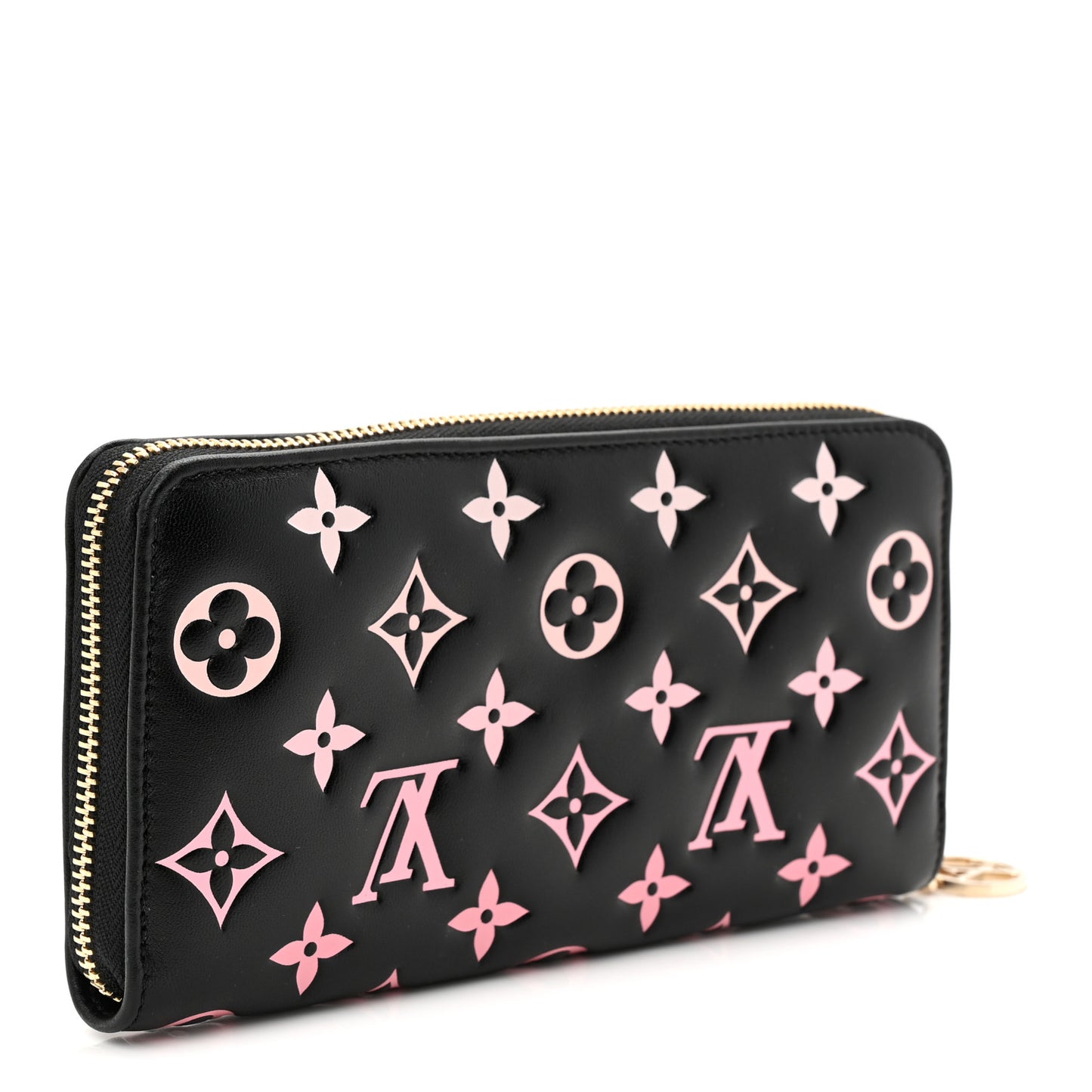 Lambskin Embossed Monogram LV Ski Coussin Zippy Wallet Black Pink