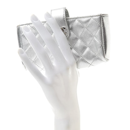 Chanel Metallic Lambskin Quilted Mini Phone Holder Clutch Silver 2 of 13