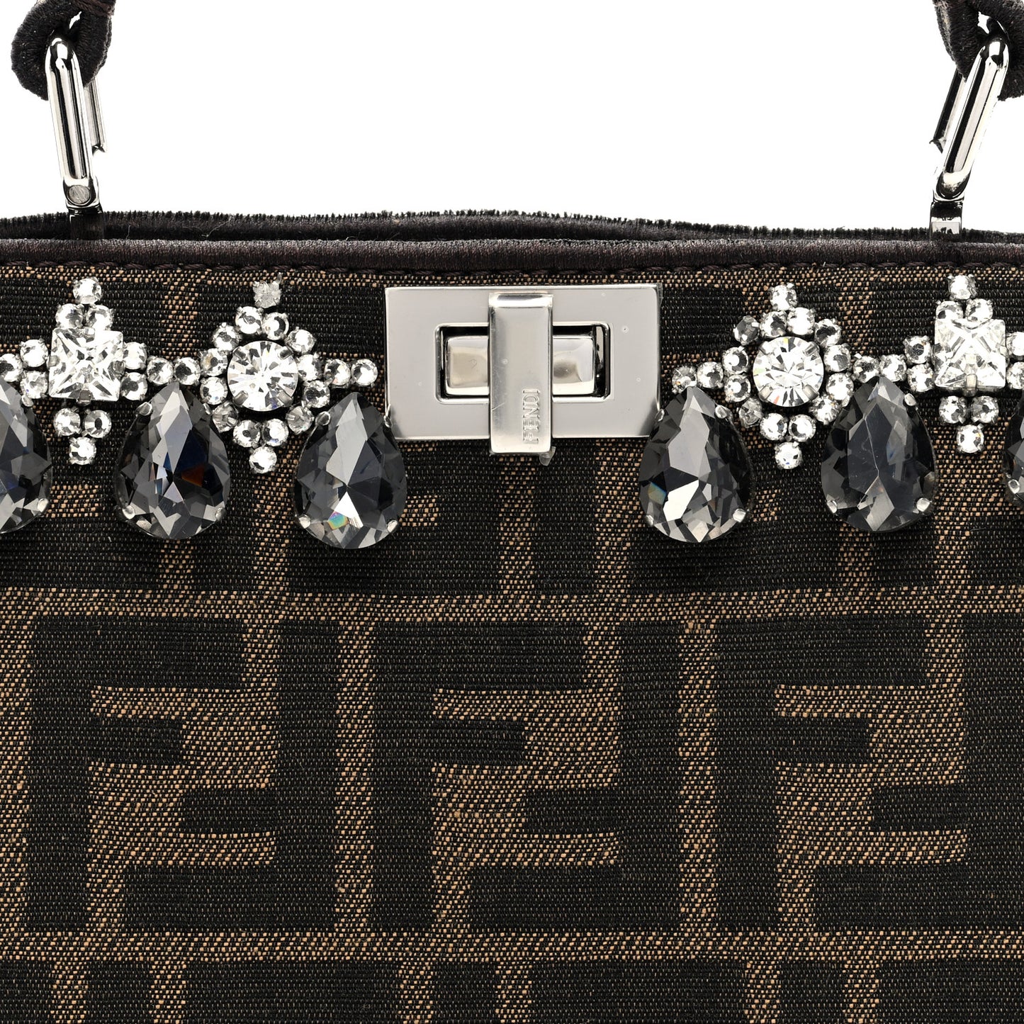 Fabric Jacquard Crystal Embellished FF 1974 Petite Peekaboo I SEE U Satchel Tobacco Moro