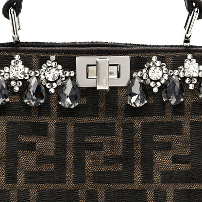 Fendi Fabric Jacquard Crystal Embellished FF 1974 Petite Peekaboo I SEE U Satchel Tobacco Moro 7 of 10
