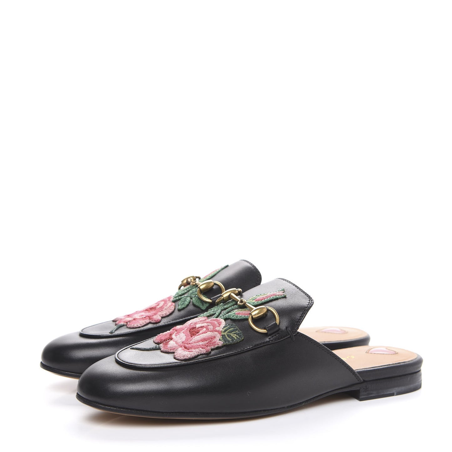 Calfskin Flower Embroidered Princetown Slippers 36 Black