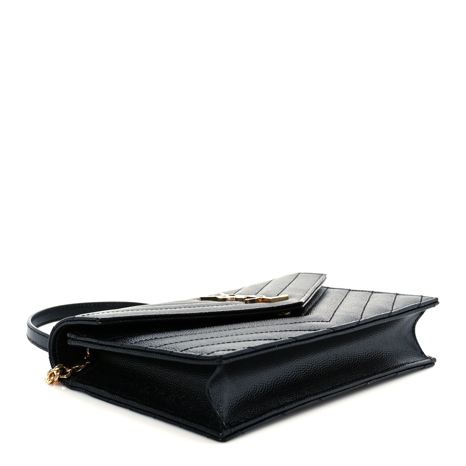 Saint Laurent Grain De Poudre Matelasse Chevron Monogram Envelope Chain Wallet Black 3 of 20