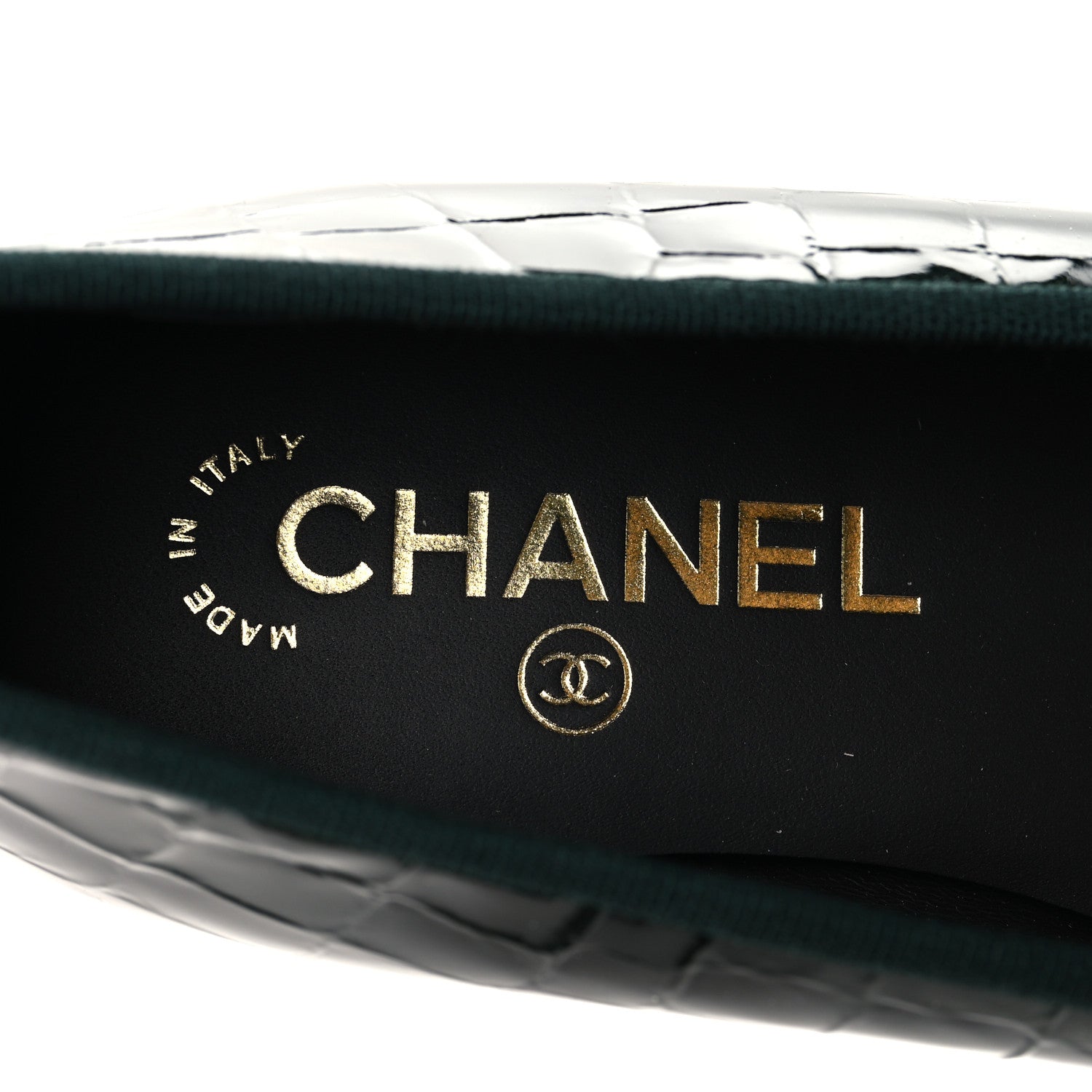 Chanel Patent Crocodile Embossed Ballerina Flats 37.5 Dark Green Black 9 of 10