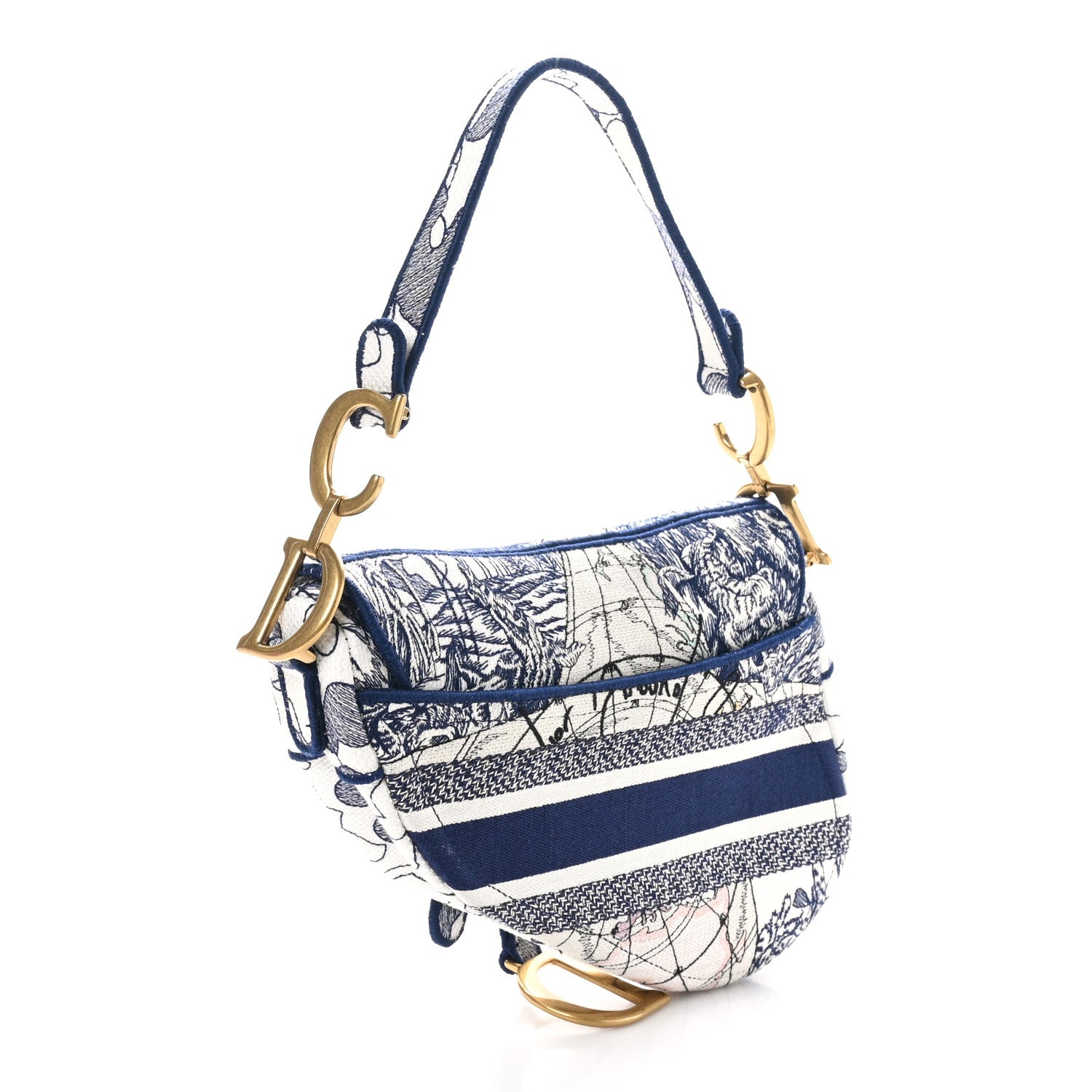 Christian Dior Canvas Embroidered Around the World Saddle Bag Blue 3 of 10