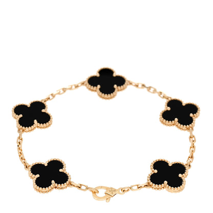 Van Cleef & Arpels 18K Yellow Gold Black Onyx 5 Motifs Vintage Alhambra Bracelet 2 of 5
