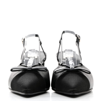 Chanel Lambskin Satin Slingback Cap Toe Bow Pumps 36.5 Black 2 of 9