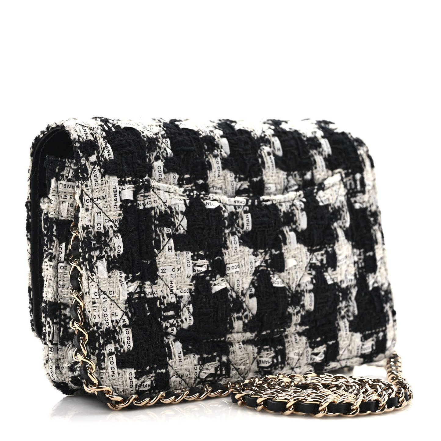 Tweed Quilted Wallet On Chain WOC Black Ecru White