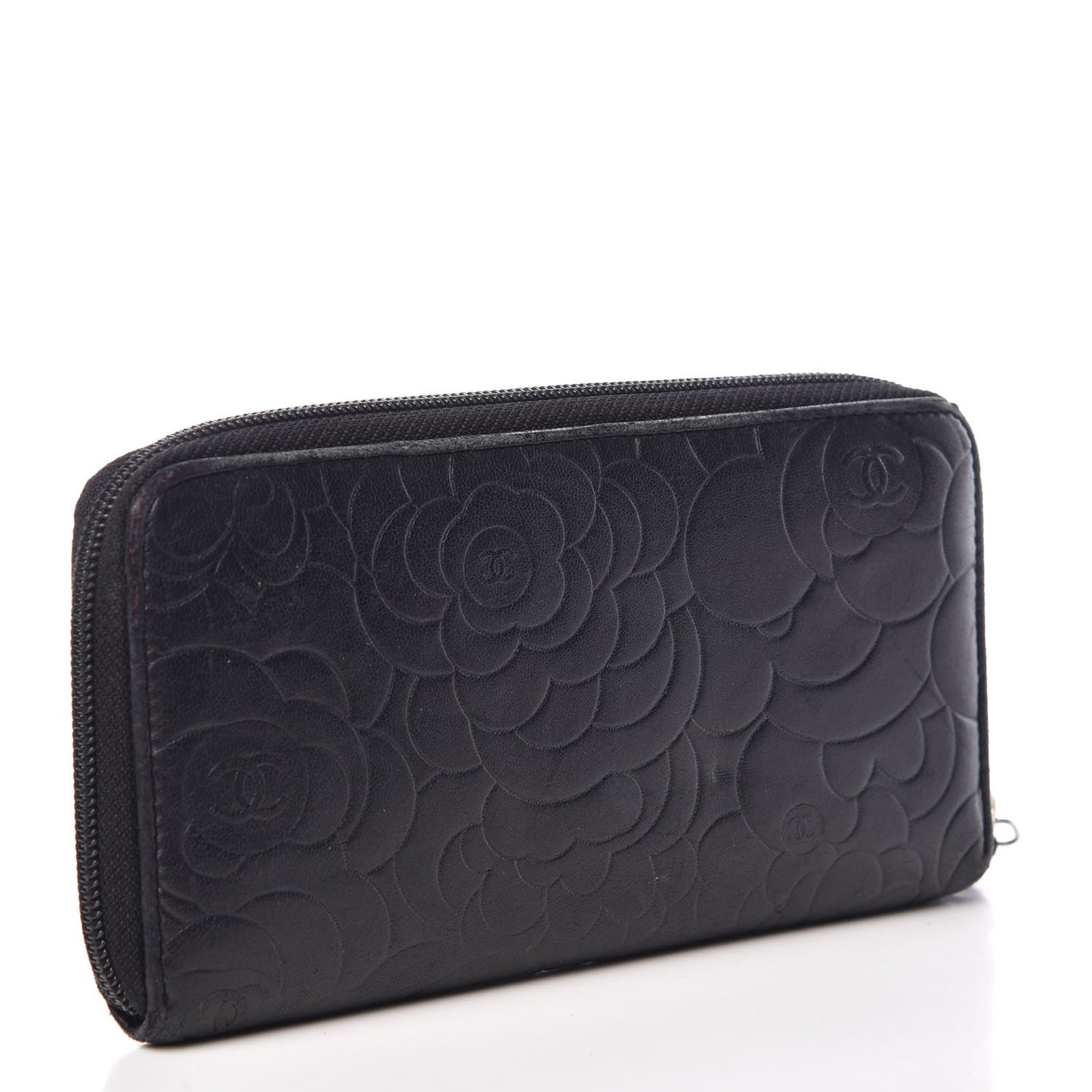 Lambskin Camellia Embossed Large Zip Around Gusset Wallet Black