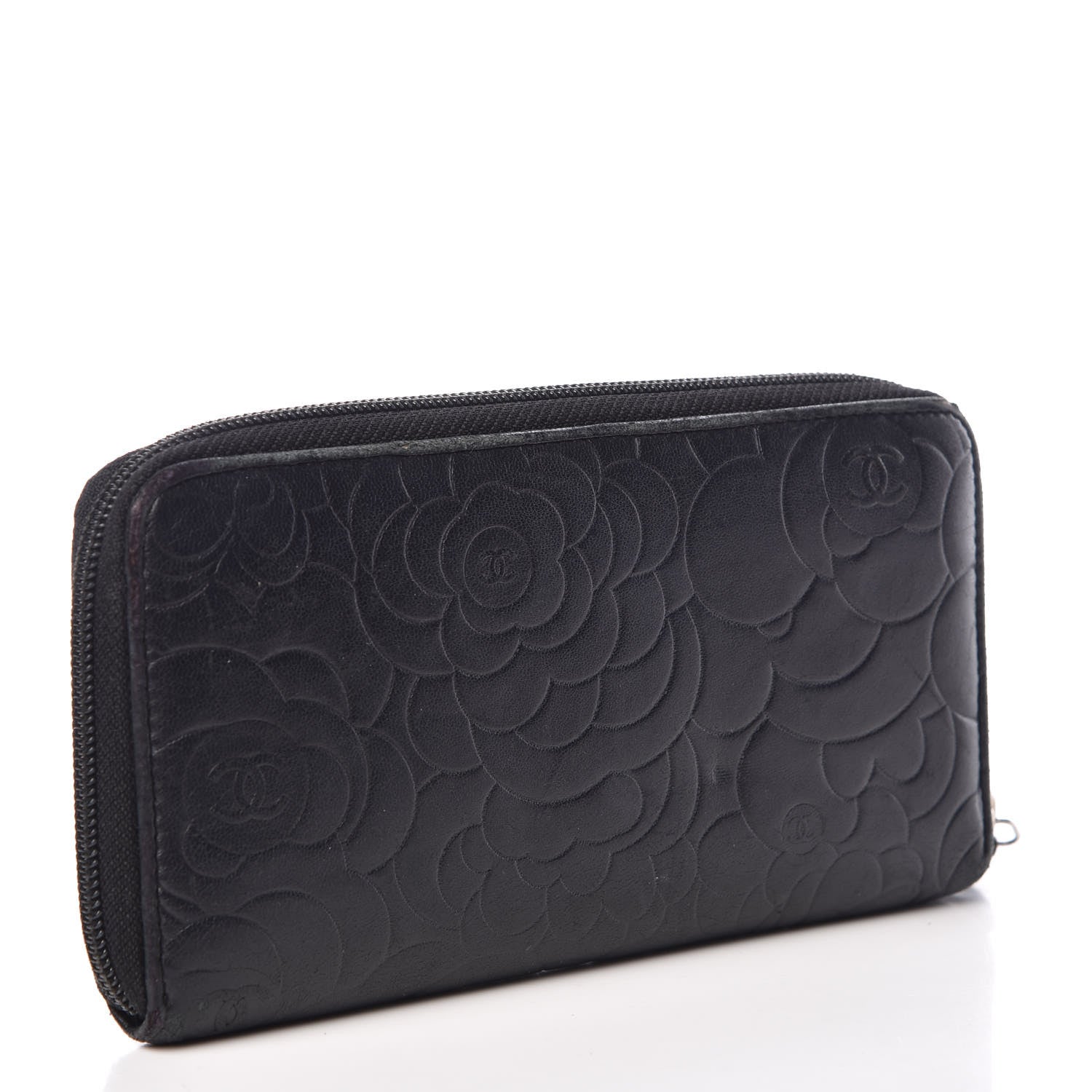 Chanel Lambskin Camellia Embossed Large Zip Around Gusset Wallet Black 3 of 15