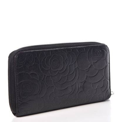 Chanel Lambskin Camellia Embossed Large Zip Around Gusset Wallet Black 3 of 15