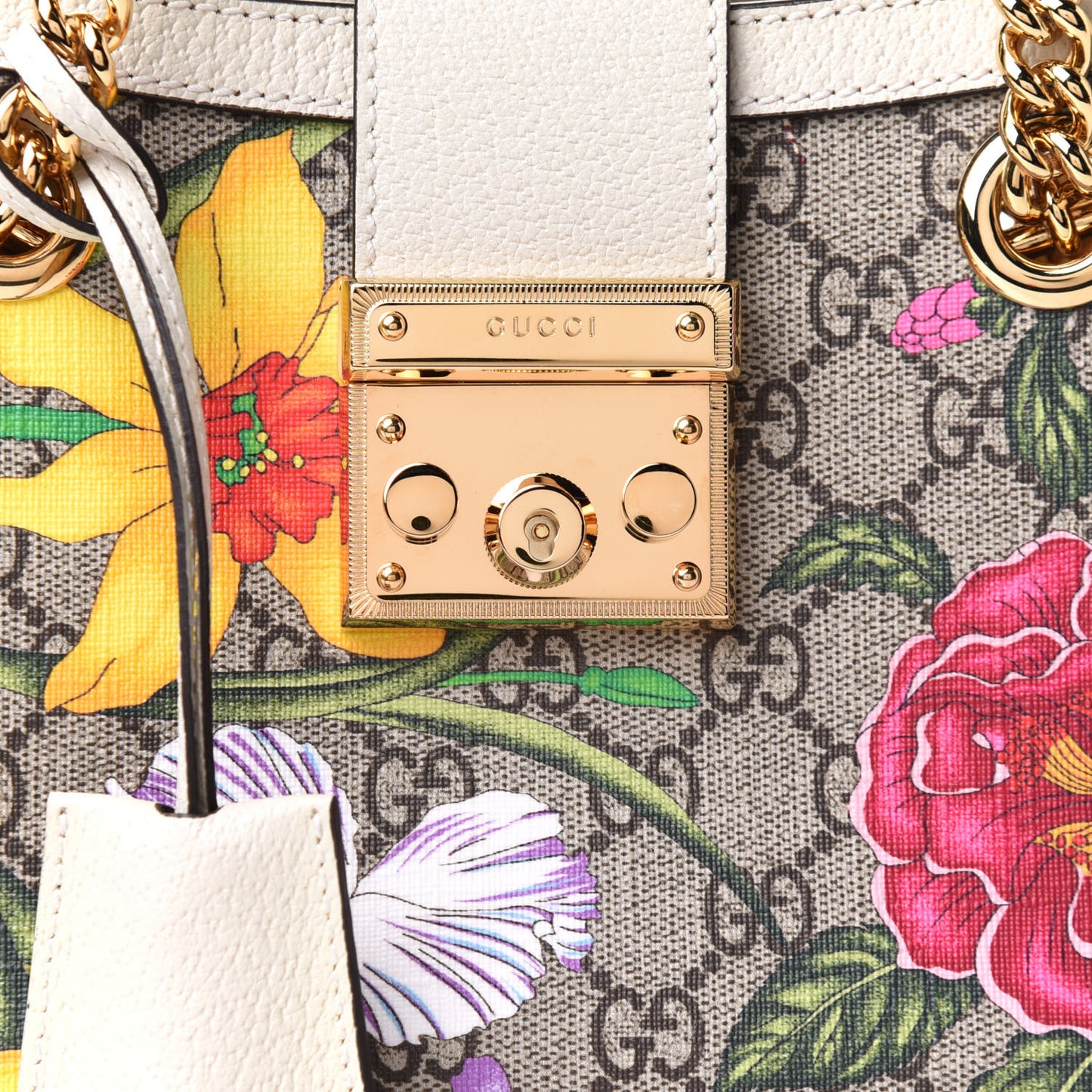 GG Supreme Monogram Flora Textured Calfskin Small Padlock Tote Beige Ebony Multicolor Mystic White