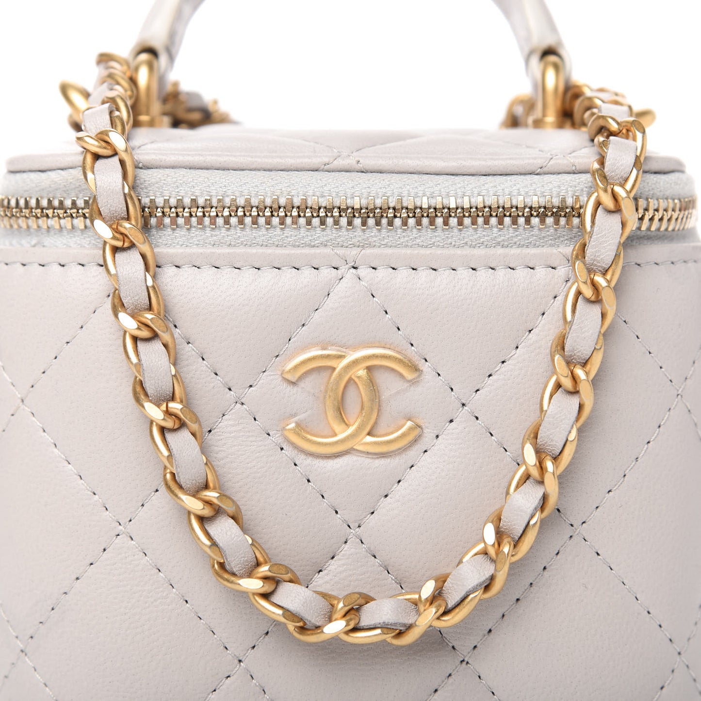 Lambskin Quilted Top Handle Mini Vanity Case With Chain Grey