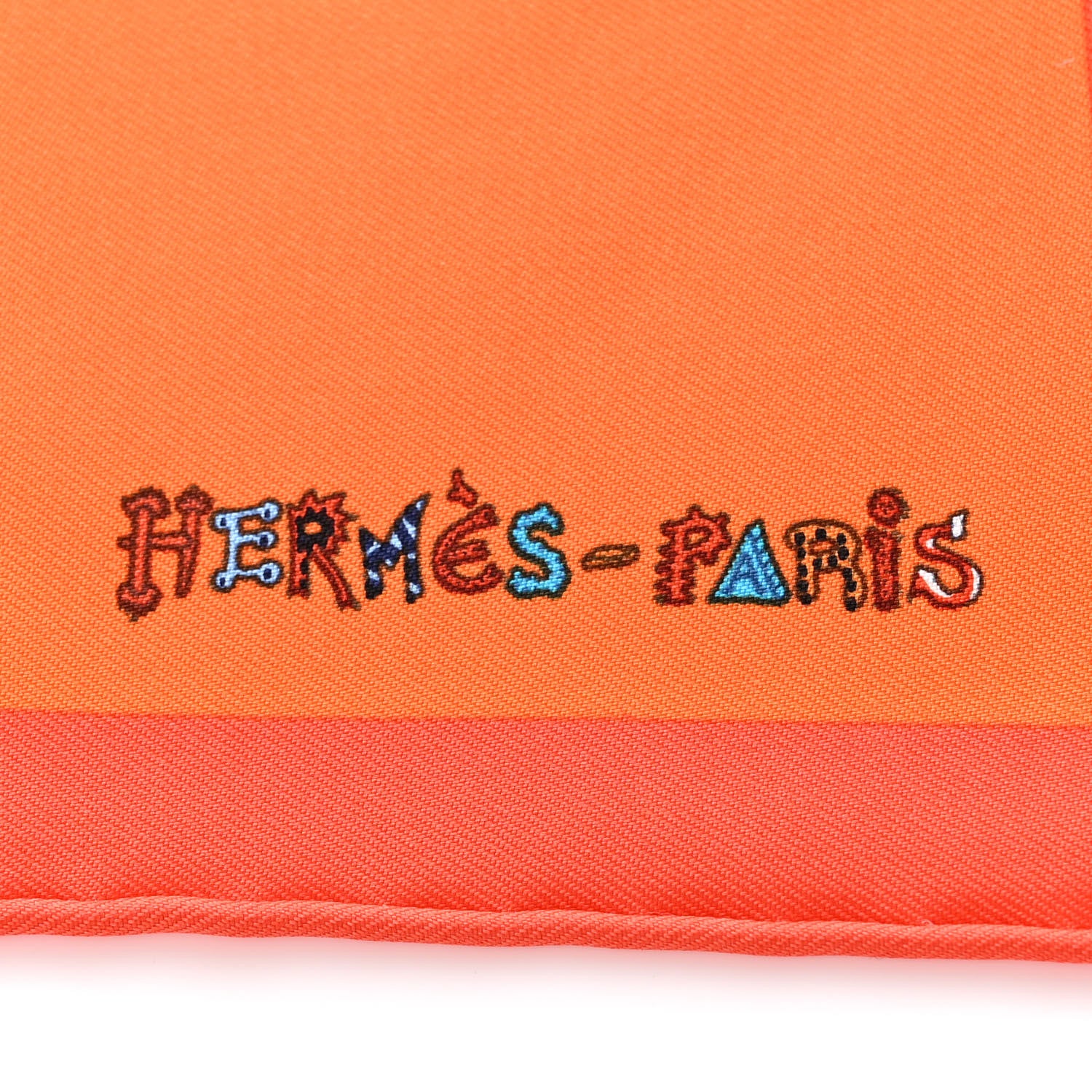 Hermes Silk La Folle Parade Zoom Pocket Square Orange Bleu White 2 of 4