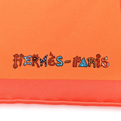 Hermes Silk La Folle Parade Zoom Pocket Square Orange Bleu White 2 of 4