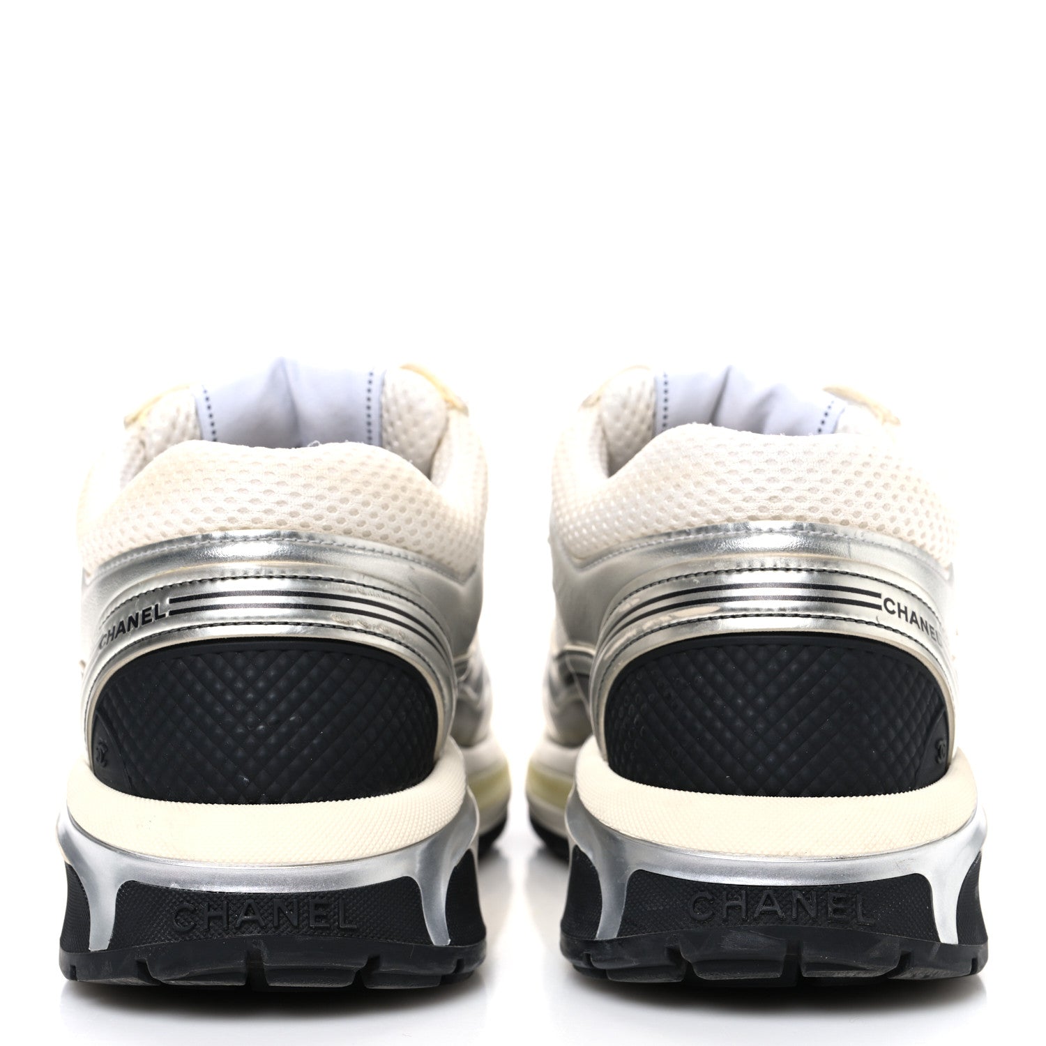 Chanel Fabric Laminated Calfskin Stretch CC Sneakers 38 White Silver 6 of 11