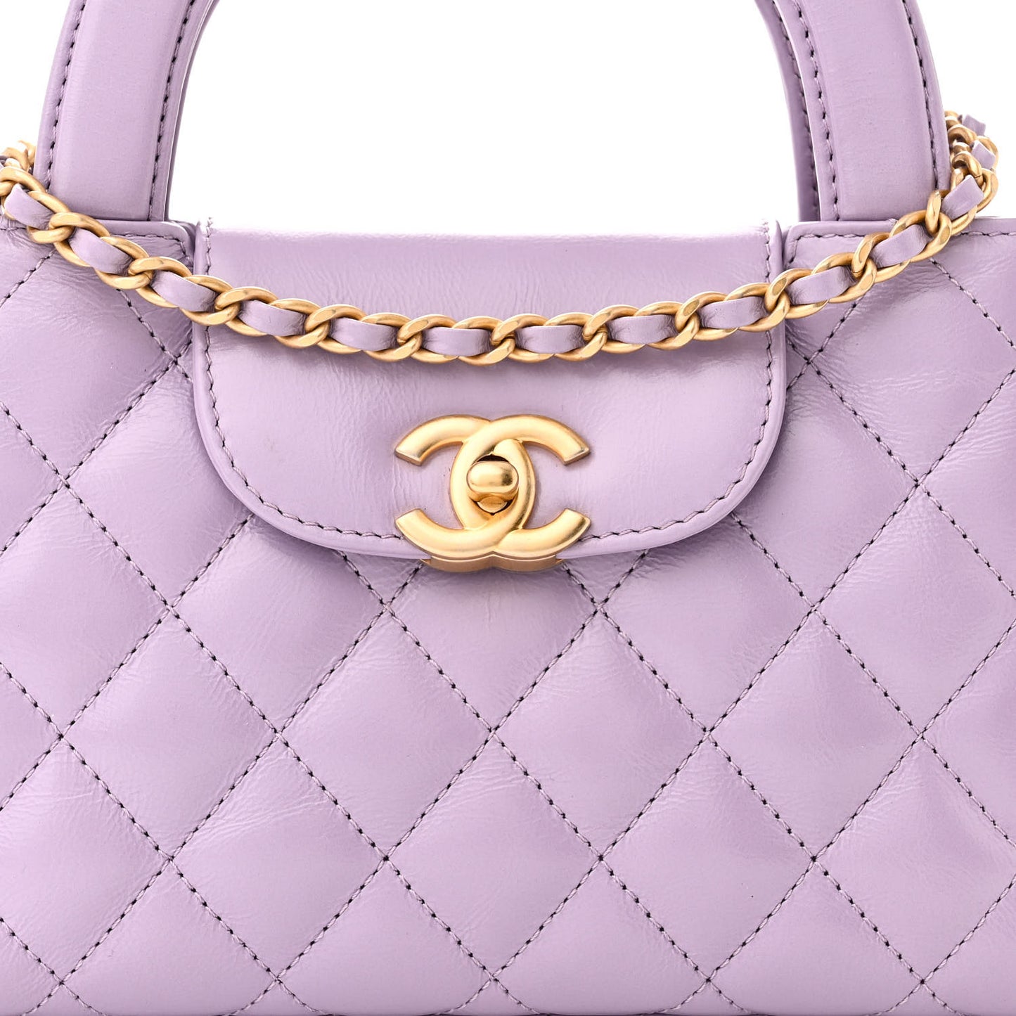 Shiny Aged Calfskin Quilted Nano Kelly Shopper Lilac