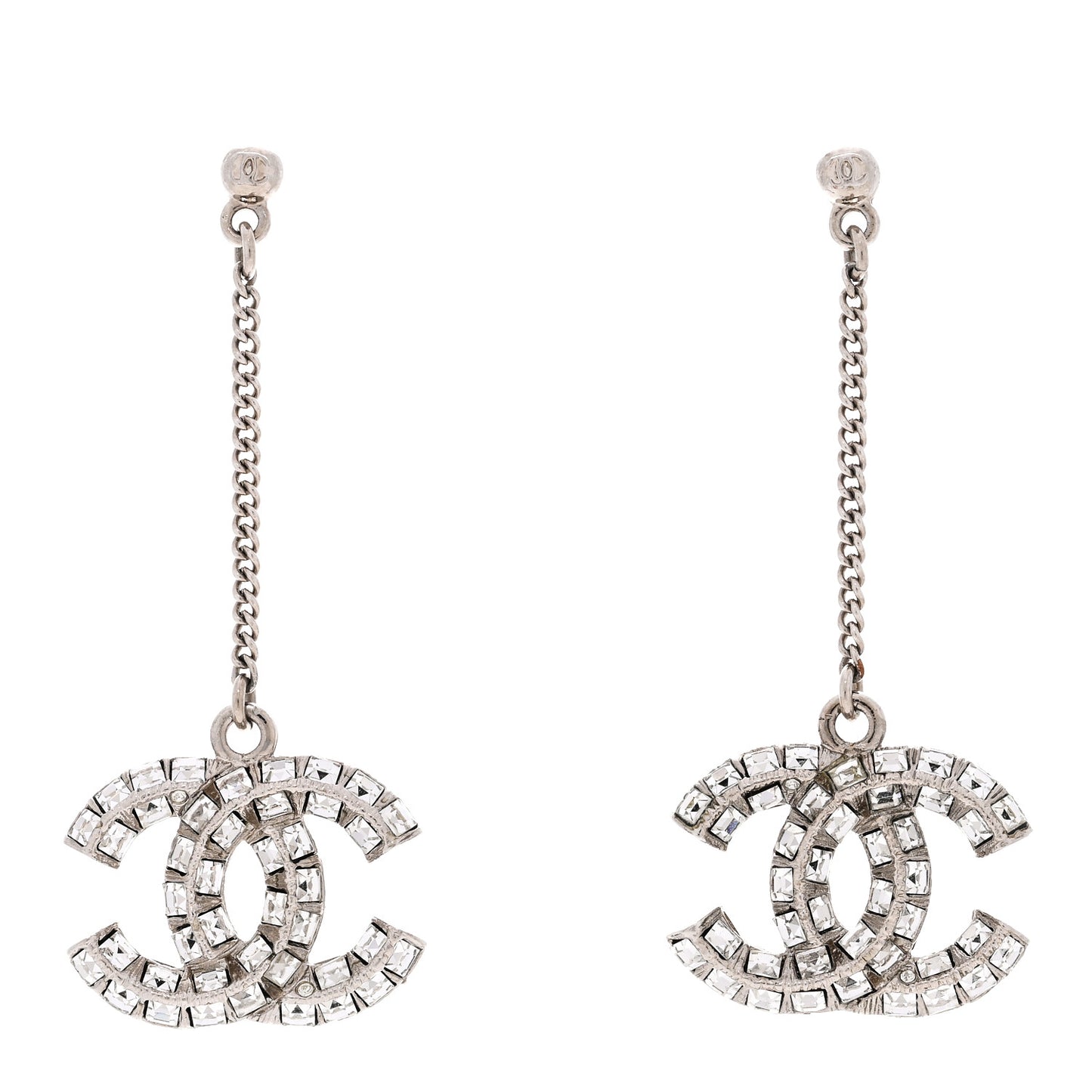 Baguette Crystal CC Drop Earrings Silver