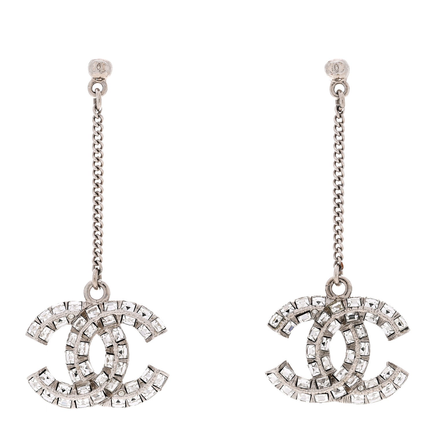 Chanel Baguette Crystal CC Drop Earrings Silver 1 of 3