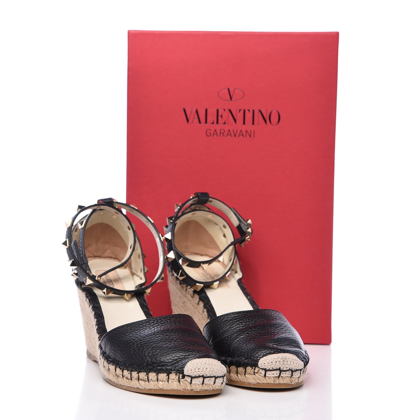 Grained Calfskin Rockstud Ankle Wrap Espadrille 15/85mm Wedges 38 Black Light Ivory