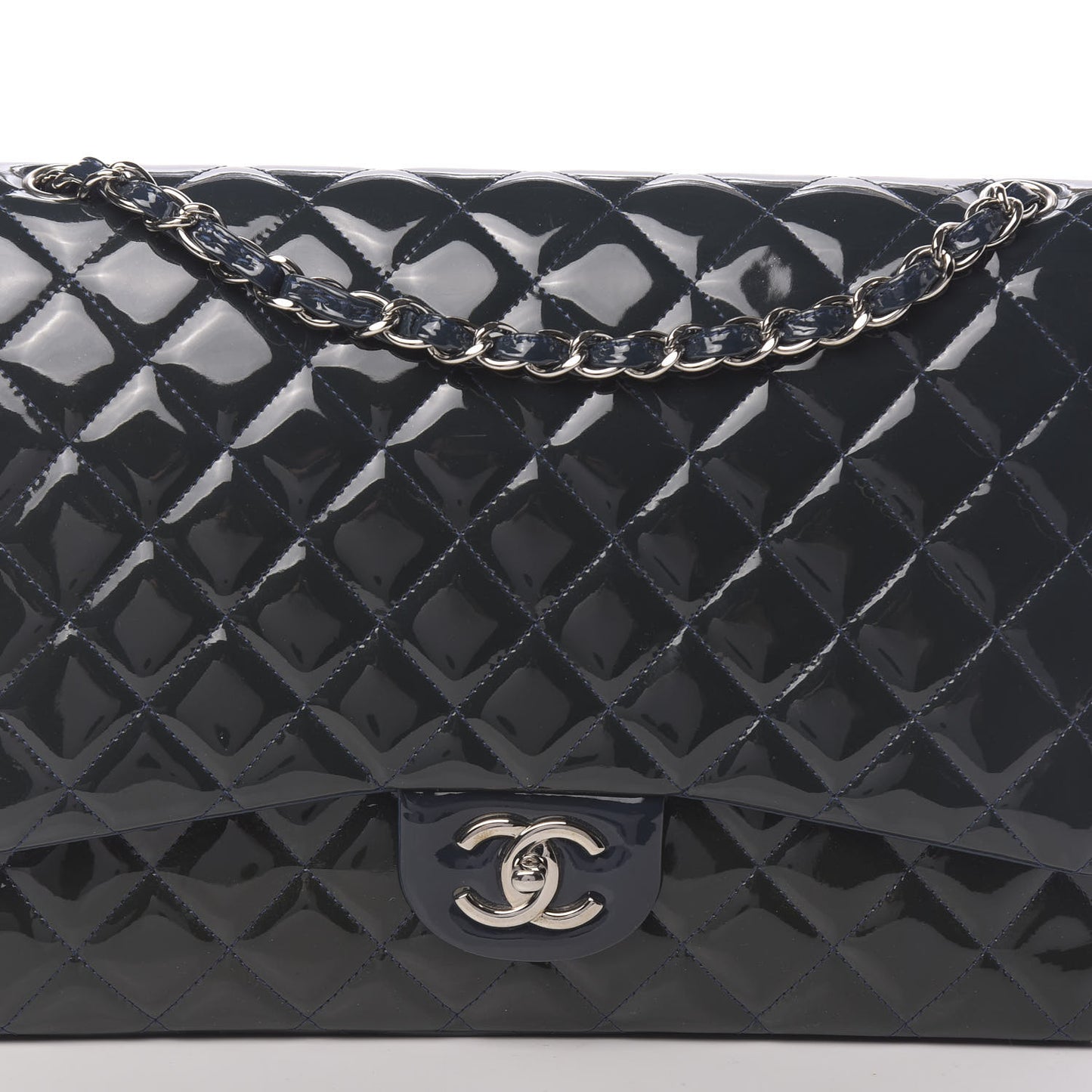 Patent Quilted Maxi Double Flap Navy Blue