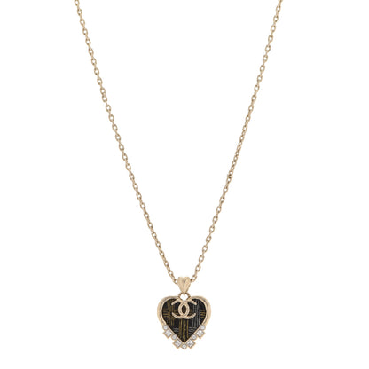 Chanel Crystal Resin CC Heart Pendant Necklace Gold Black 1 of 6