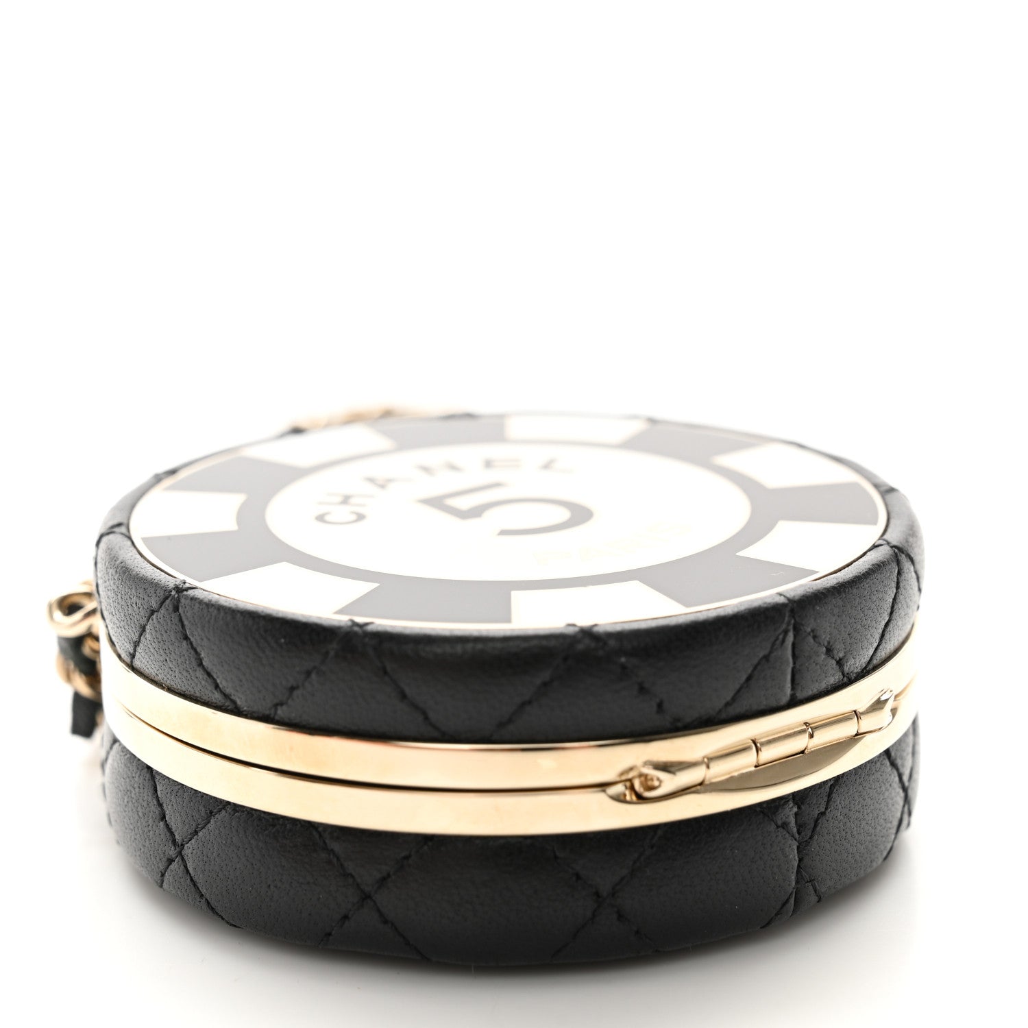 Chanel Lambskin Enamel Quilted Round Poker Chip Clutch With Chain Black White 10 of 11