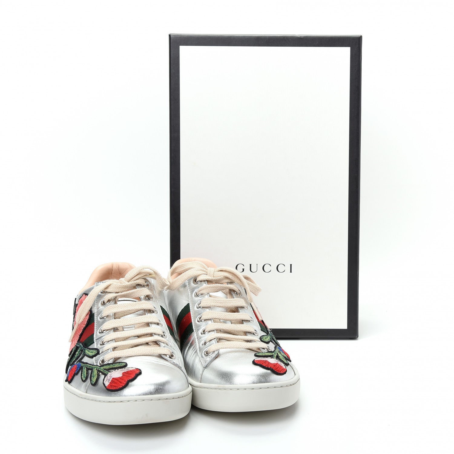 Gucci Metallic Calfskin Floral Embroidered Ace Sneakers 39.5 Silver 11 of 11
