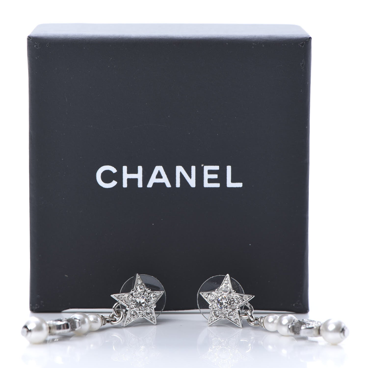 Chanel Crystal Pearl CC Star Drop Earrings Silver 5 of 5