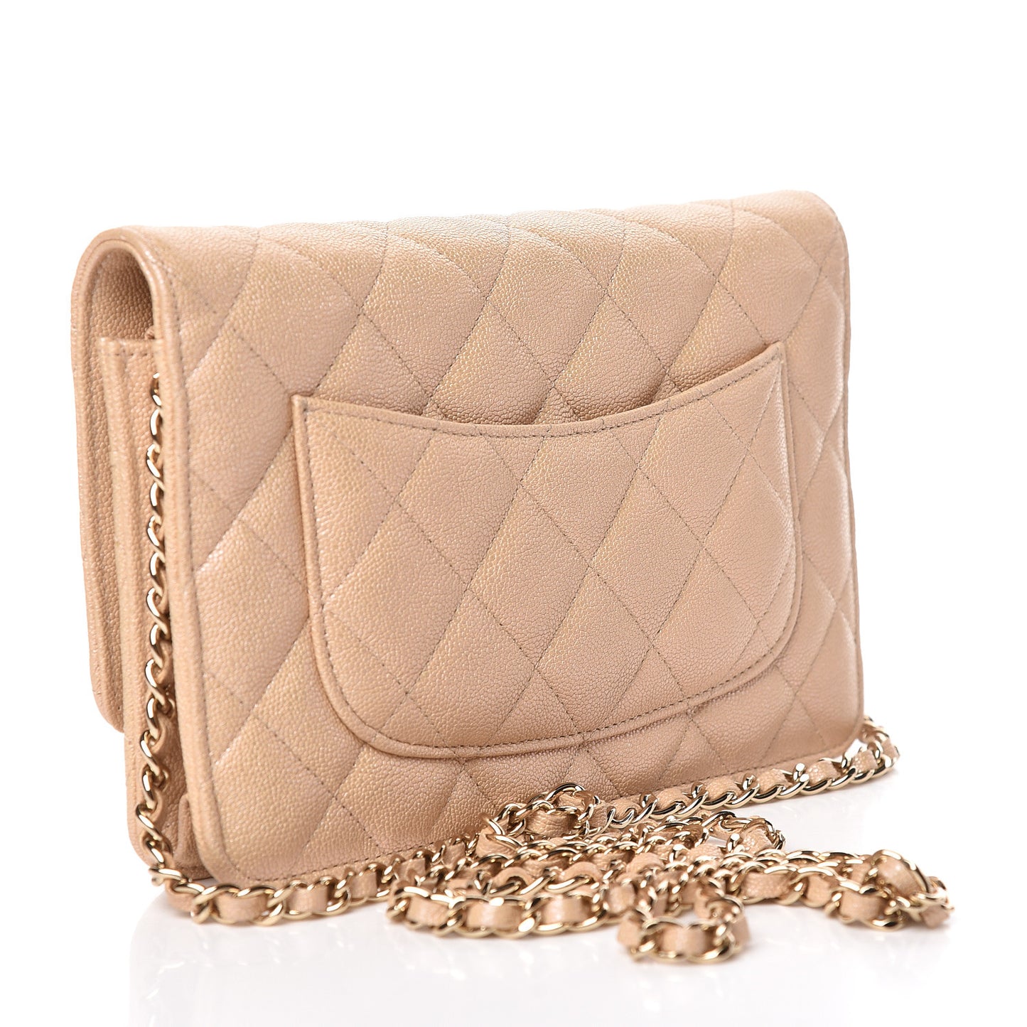 Iridescent Caviar Quilted Wallet On Chain WOC Beige
