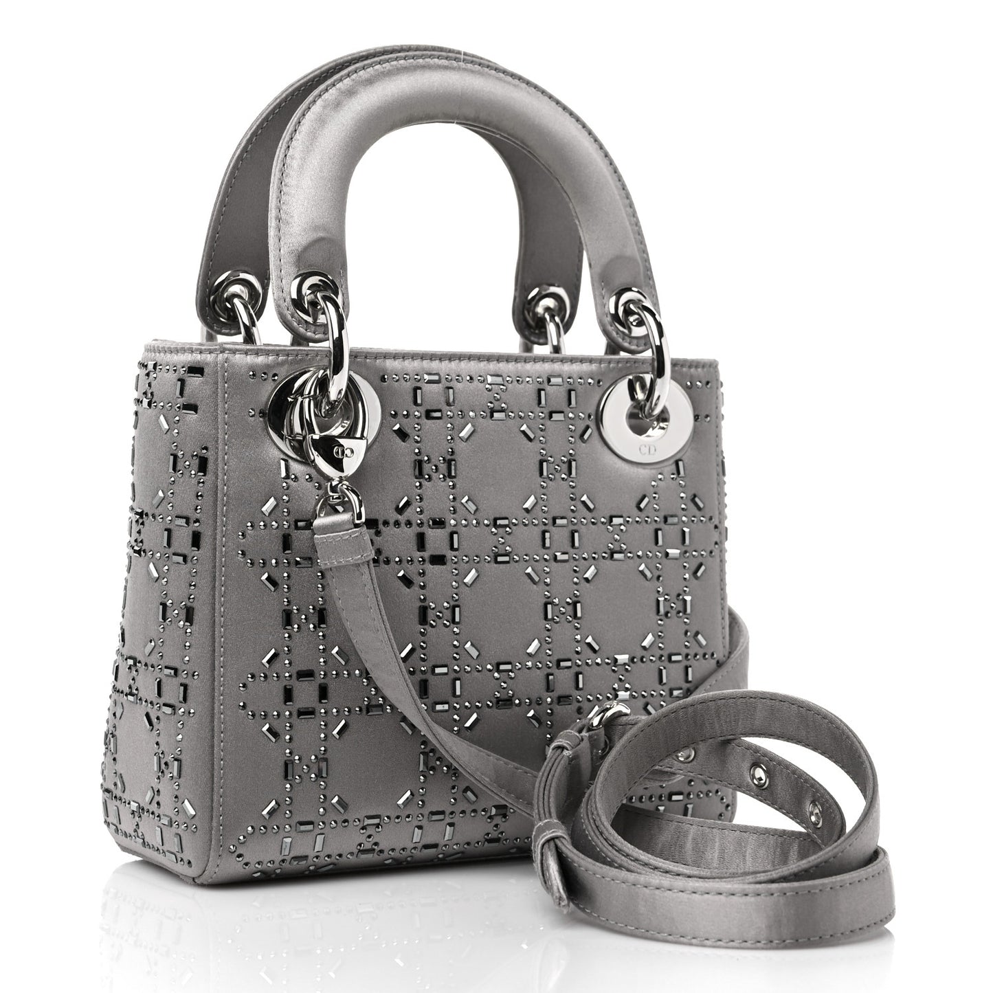 Satin Crystal Cannage Mini Lady Dior Gray