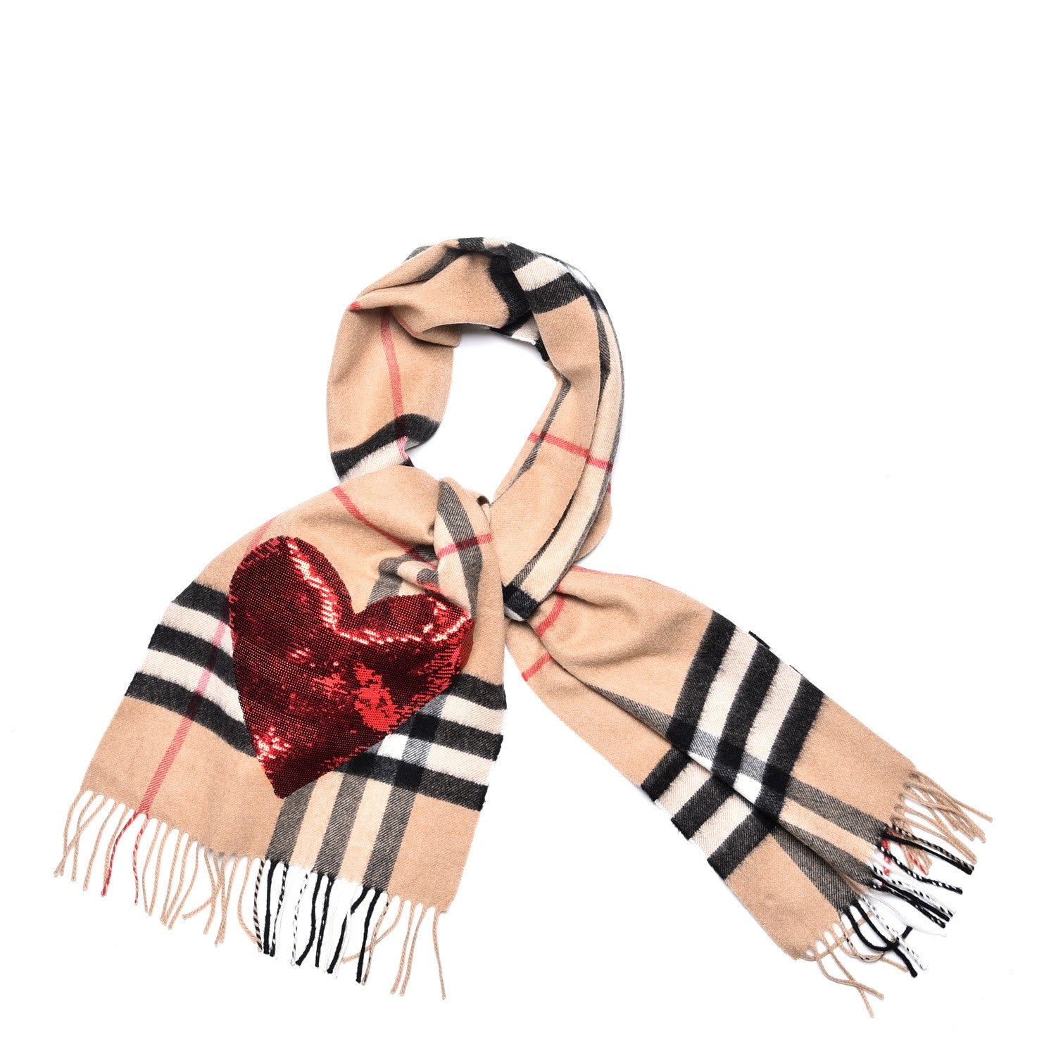 Burberry Cashmere Sequin Giant Check Heart Fringe Scarf Camel Red 1 of 6