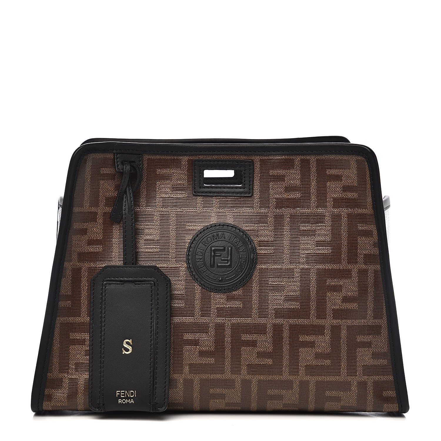 Fendi Glazed Fabric Vitello Century FF 1974 Stamp Patch Mini Peekaboo Defender Cover Mogano Panna Black 1 of 8