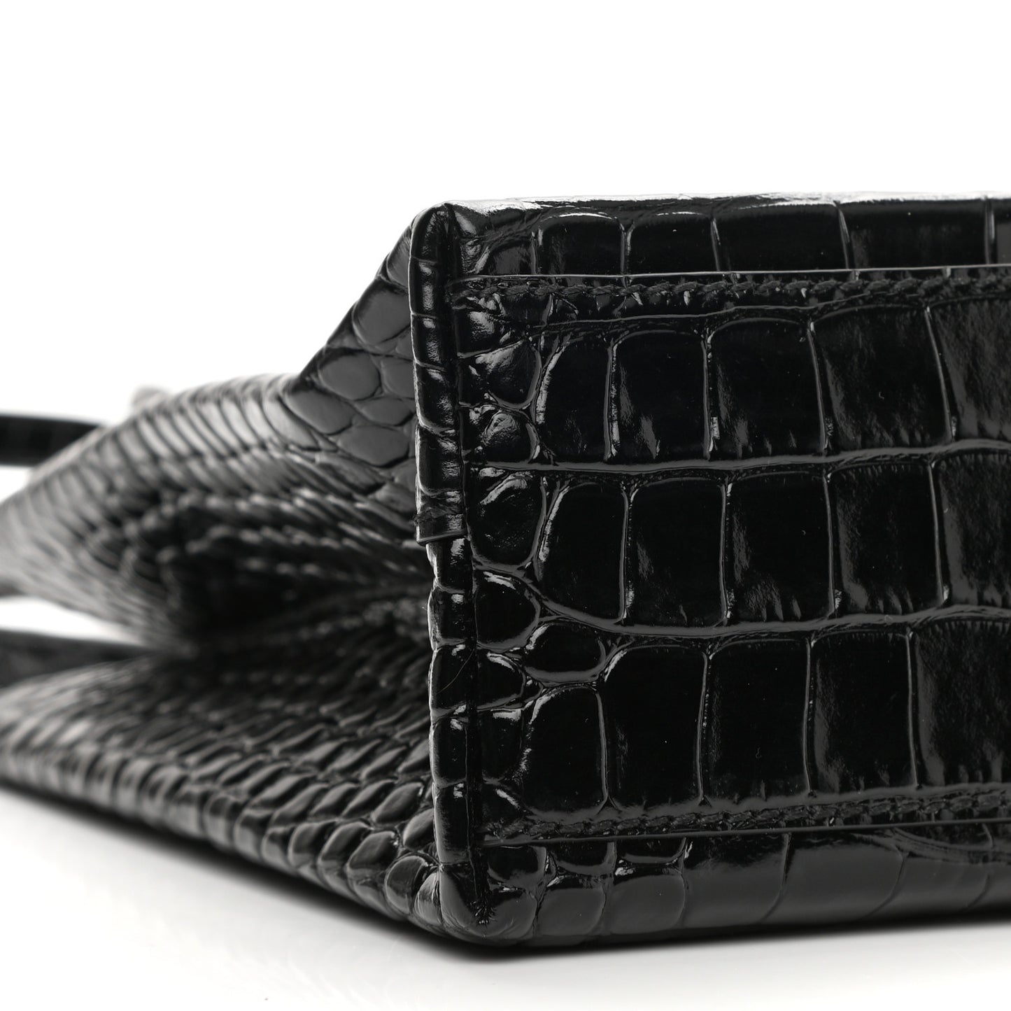 Shiny Calfskin Logo Crocodile Embossed North South Shopper Tote XXS Black White