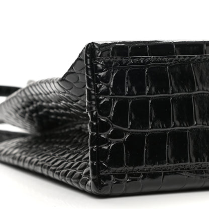 Balenciaga Shiny Calfskin Logo Crocodile Embossed North South Shopper Tote XXS Black White 9 of 10